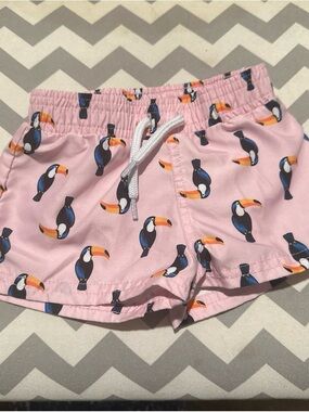 Pink Toucan Print Kids Swim Shorts